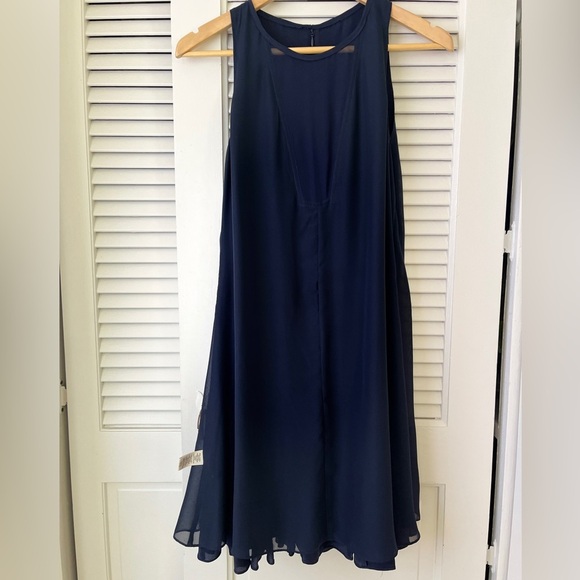 Rebecca Taylor Pieced Godet Sheer Insert Silk Flare Dress | Navy Blue | Size 8 - Picture 14 of 16
